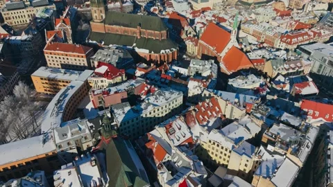 Old Riga Latvia In Winter - Scenic Aerial View Over Snowy Historic Rooftops Stock Footage 346094295