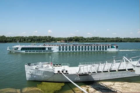 Old river ship as pontoon Stock Photos