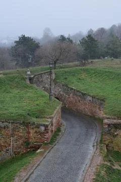 Old road between the two brick walls on a foggy, rainy day 库存照片