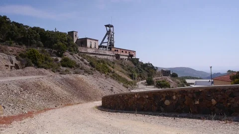 Old road buildings mine shaft static Stock Footage