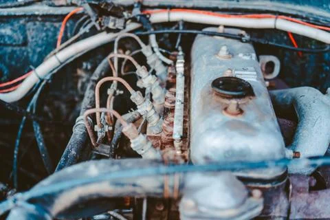 Old off-road car engine with a close view Stock Photos