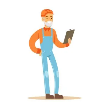Old Road Worker With Clipboard , Part Of Roadworks And Construction Site Series Stock Illustration