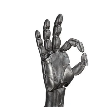 The old robot arm is scratched. 3d rendering. On a white background Illustrazione stock