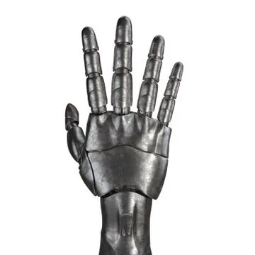 The old robot arm is scratched. 3d rendering. On a white background Illustrazione stock