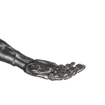 The old robot arm is scratched. 3d rendering. On a white background Illustrazione stock