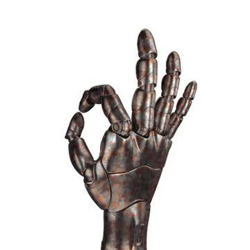 The old robot arm is scratched. 3d rendering. On a white background Illustrazione stock