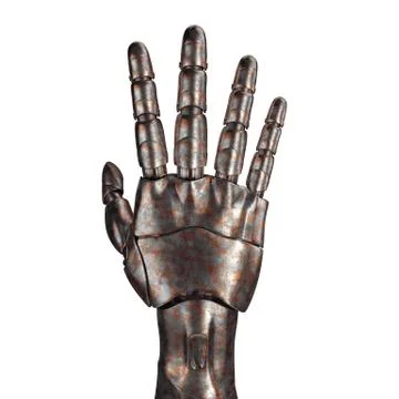 The old robot arm is scratched. 3d rendering. On a white background Illustrazione stock