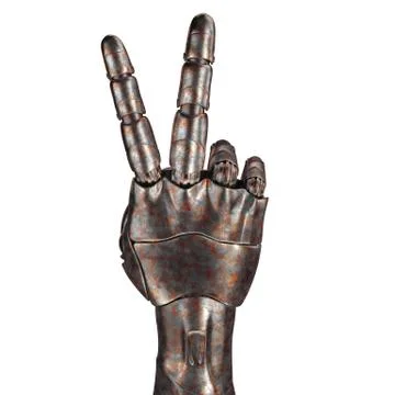The old robot arm is scratched. 3d rendering. On a white background Illustrazione stock