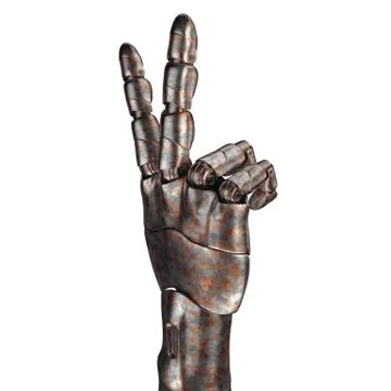 The old robot arm is scratched. 3d rendering. On a white background Illustrazione stock