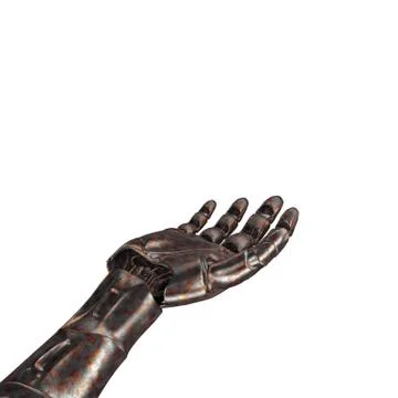 The old robot arm is scratched. 3d rendering. On a white background Illustrazione stock