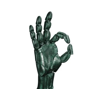 The old robot arm is scratched. 3d rendering. On a white background Illustrazione stock