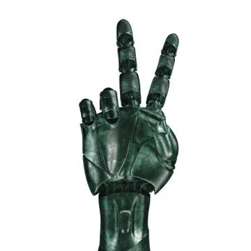 The old robot arm is scratched. 3d rendering. On a white background Illustrazione stock