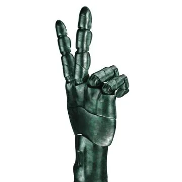 The old robot arm is scratched. 3d rendering. On a white background Illustrazione stock
