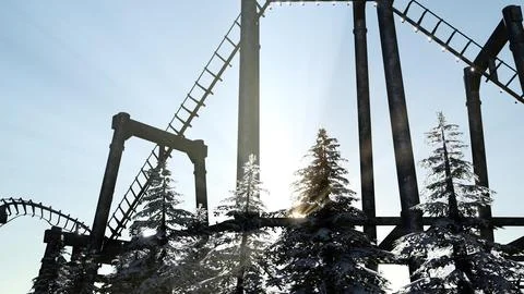 Old roller coaster at sunset in forest Stock Illustration