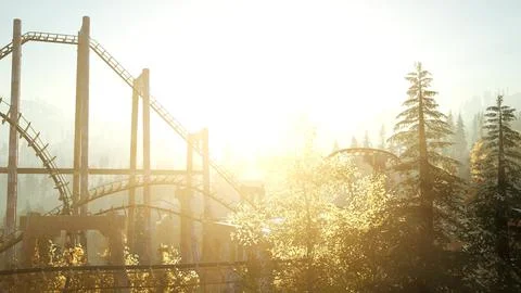 Old roller coaster at sunset in forest Stock Illustration