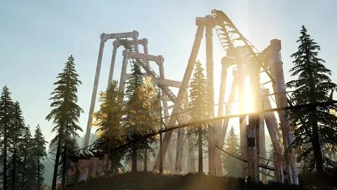 Old roller coaster at sunset in forest Stock Illustration