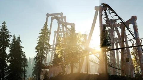 Old roller coaster at sunset in forest Stock Illustration