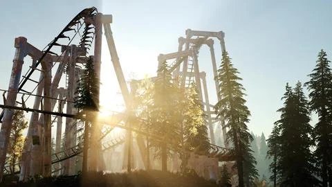 Old roller coaster at sunset in forest Stock Illustration