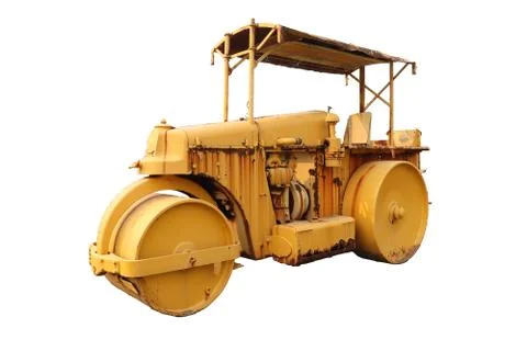 Old roller compactor machine with yellow color .isolated on white background. Stock Photos