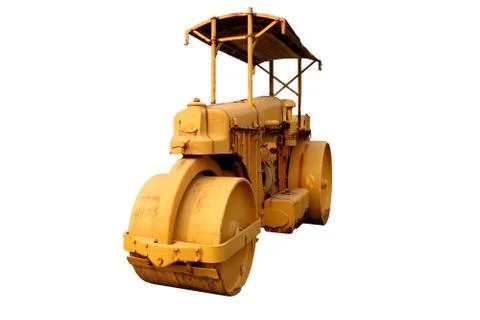 Old roller compactor machine with yellow color .isolated on white background. Foto stock