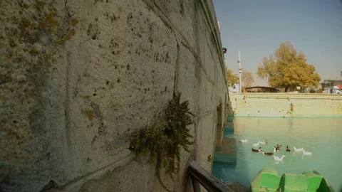 From the old Roman bridge people feed the ducks in the water channel Stock Footage 82294754