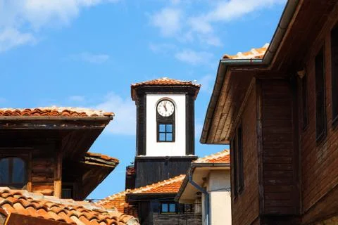 Old roofs and clock tower, Nessebar, Bulgaria Stock Photos