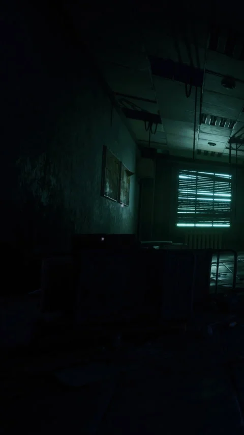 Old room with green light shining through window at night Stock Footage 334172786