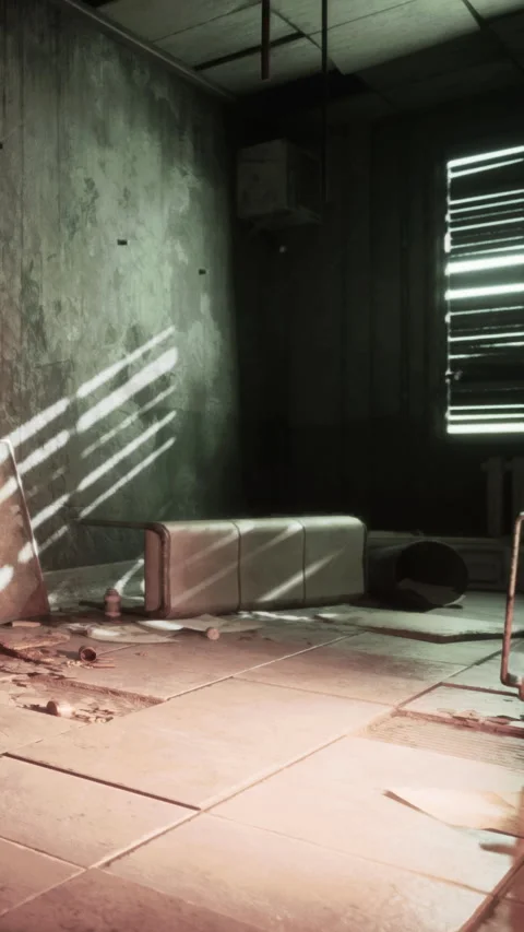 Old room with sunlight shining through cracked wall and empty sofa Stock Footage 337975527