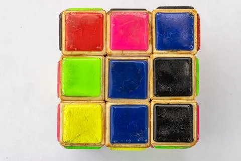 Old Rubik`s Cube isolated on white background Stock Photos