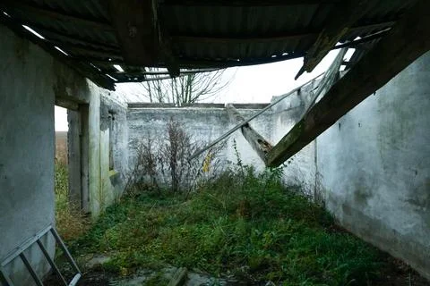 An old ruined building without windows and doors in the middle of the field.  Stock Photos
