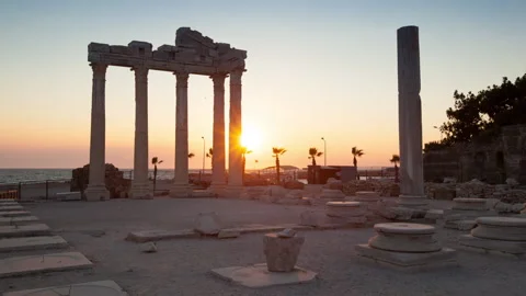 Old ruins in Side, Turkey at sunset Stockbeeldmateriaal 153687226