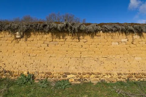Old rural construction. Adobe wall covered with dried heather branches 스톡 사진