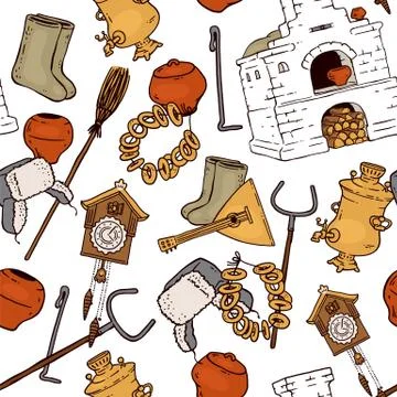 Old Russian culture elements - seamless pattern of traditional Russia folklore Stock Illustration
