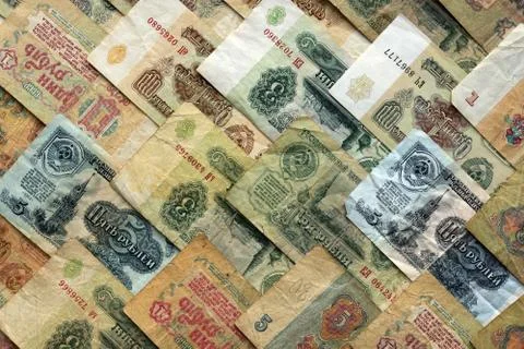 Old Russian earning pattern. Rubles money banknotes texture. Soviet cash fill Stock Photos