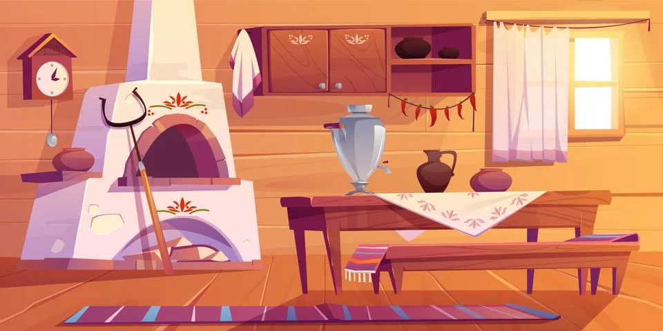 Old russian kitchen empty interior with stove Stock Illustration