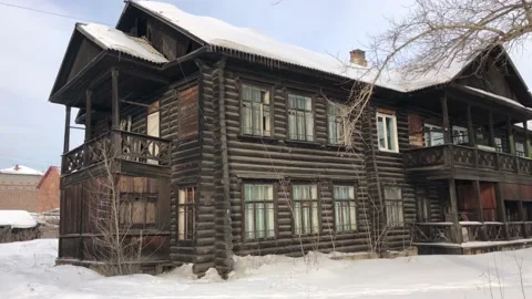 Old russian log barrack external view in Siberian town, Tayshet Stock Footage 124898621