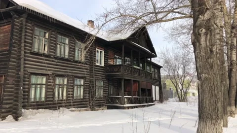 Old russian log barrack external view in Siberian town, Tayshet Stock Footage 124899012