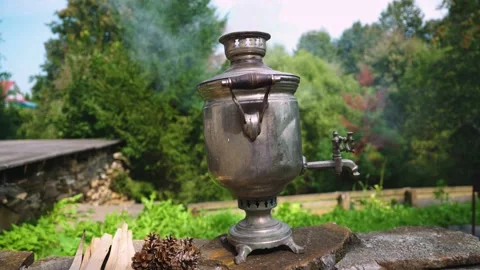 The old Russian Samovar for brewing tea, Russian traditions Stock Footage 159758503