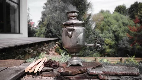 The old Russian Samovar for brewing tea, Russian traditions Stock Footage 159811514