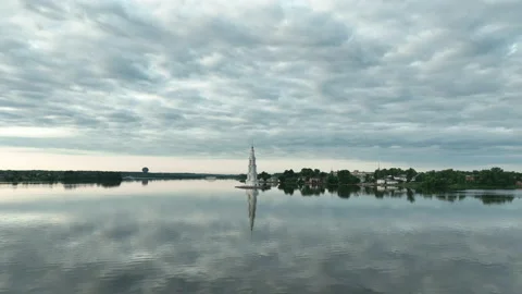 Old Russian town Kalyazin and famous bell tower in middle of river. Stock Footage 203271953