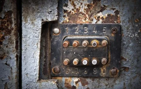 Old rusted coded lock. Photo with shallow depth of field. Foto stock