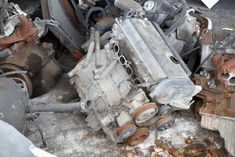 Old rusted engine ready for dismantling process Stock Photos