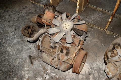 Old rusted engine ready for dismantling process Stock Photos