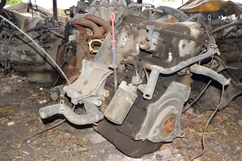 Old rusted engine ready for dismantling process Stockfoto's