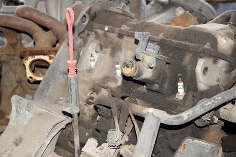 Old rusted engine ready for dismantling process Stockfoto's