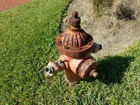 Old rusted fire hydrant on green grass Stock Photos
