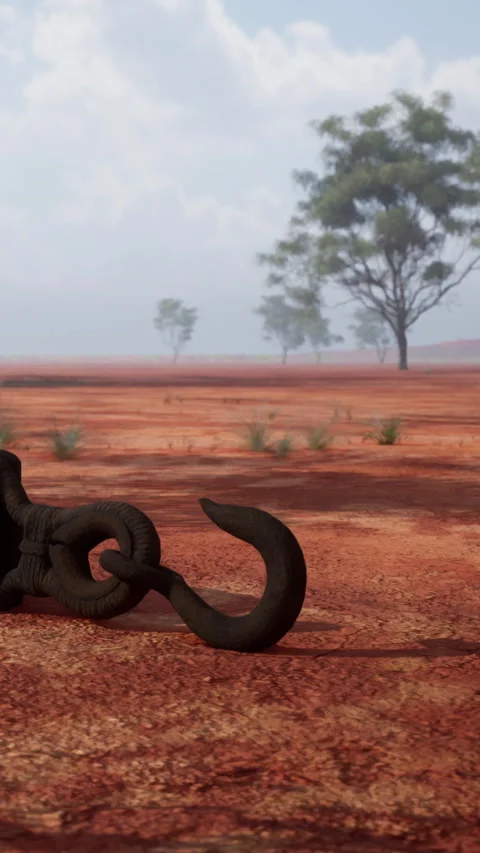 Old rusted hook and chain on a dusty landscape under cloudy sky Stock Footage 339417444