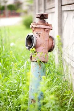 Old rusted hydrant standing in grass Stock Photos