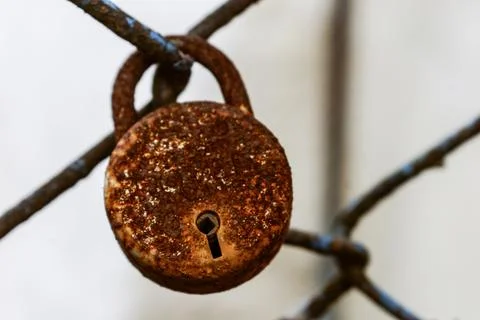 Old rusted padlock attached to grid fence. Foto stock