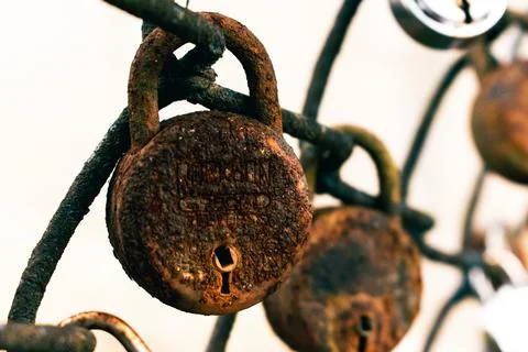 Old rusted padlocks attached to grid fence, concept of prohibited area. Foto stock